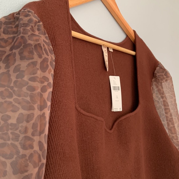 Anthropologie • NWT Dolan Sheer Animal Print Puff-Sleeve Brown Sweater Size 3X - Picture 7 of 13